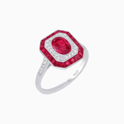 Art Deco Inspired Octagonal Halo Ring with Oval Center Stone and French-Cut Gemstone Border - Shahin Jewelry